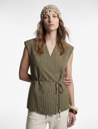Koton Sleeveless V-Neck Striped Wrap Top in Khaki Stripe at Nordstrom, Size 10