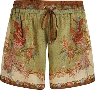 Zimmermann Khaki/Green Indra Relaxed Floral Bird Print Silk Shorts