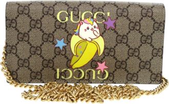 Gucci Beige Brown Multi-Color Gg Supreme Chain/Shoulder Wallet (Pre-Owned)