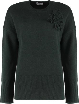 P.A.R.O.S.H. Geribbelde crew-neck trui in wol-kasjmier - Dames - Ronde hals truien - Groen - S - Wol - Truien & Vesten