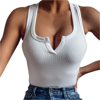 Generic Ribbed Running Gym Vest Tops Women UK, Racer Back Scoop Neck Athletic Solid Tank Tops White