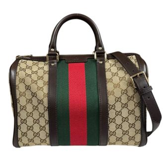 Gucci Beige Brown Gg Canvas Leather Boston Bag (Pre-Owned)