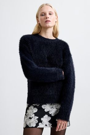 French Connection Womens Black Faux Fur Crew Neck Long Sleeve Jumper - Size X-Small