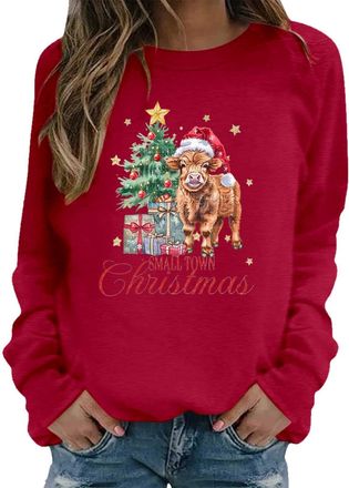 Generic Highland Cow Christmas Jumper for Women Novelty Farm Animal Graphic Sweatshirts Without Hood Ugly Xmas Sweater Long Sleeve Pullover Jumper Tee Tops S-