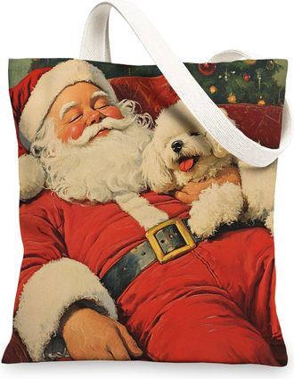Generic Christmas Bichon Frise Dog Canvas Tote Bag for Shopping 13x15, Xmas Santa Puppy Reusable Grocery Print Pattern Bag for Women, Pet New Year Beach Aesth