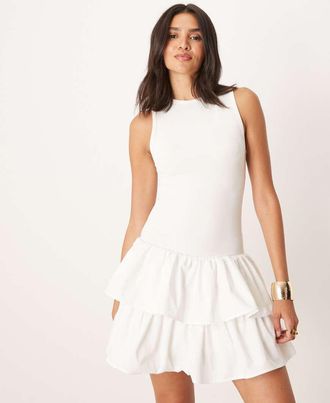 Sister Jane Sister Jane - Vestito corto color avorio a coste con gonna con volant-Bianco