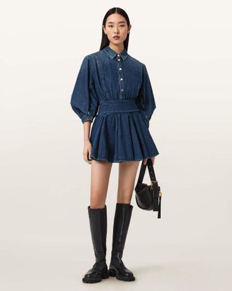 AllSaints Cotton Arlo Denim Mini Dress, Size: UK 14/US 10