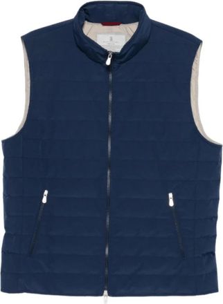 Brunello Cucinelli Gewatteerd Gilet met Hoge Kraag - Heren - Bodywarmers - Blauw - XL - Leer - Jassen