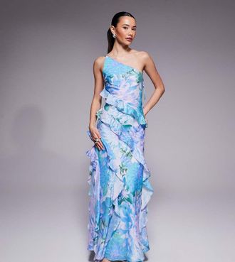 Forever New In esclusiva per ASOS - Forever New Petite - Vestito lungo monospalla blu a fiori con volant