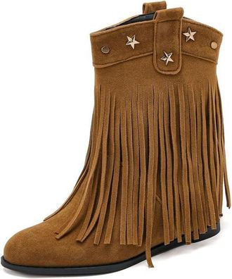 Generic Womens Pull on Short Boots with Revet Chunky Block Heel Wide-Calf Booties Closed Round Toe Western Cowboy Boots with Tassel,Yellow,4.5 UK