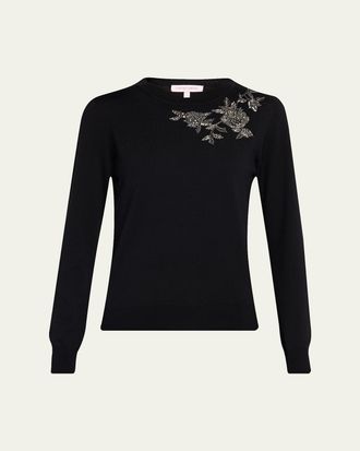 Carolina Herrera Flower Beaded Silk-Cotton Crewneck Sweater