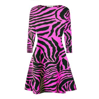 Janisramone Womens Ladies New Animal Zebra Print Long Sleeve Flared Skater Swing Dress Stretchy Mini Top Neon Pink
