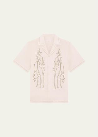 Frescobol Carioca Mens Linen Embroidered-Palm Camp Shirt