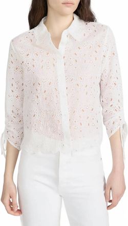 Frame Denim Paisley Eyelet Cinch Sleeve Shirt In White
