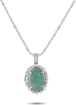Luxury Bazaar 18K White Gold 0.20ct Diamond and Opal Pendant Necklace MF02-041326
