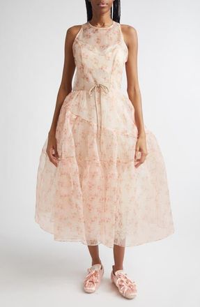 Simone Rocha Tapered Back Flounce Floral Sheer Organza Dress in Beige Floral/Taupe at Nordstrom, Size 0 Us
