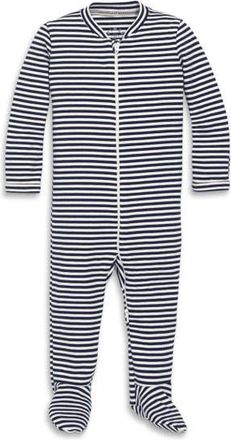 primary Baby Organic Zip Footie In Stripe in Navy Ivory Mini Stripe at Nordstrom, Size 18-24M
