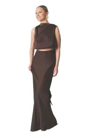 Six Stories Satin Drape Detail High Neck Top in Chocolate at Nordstrom, Size 14
