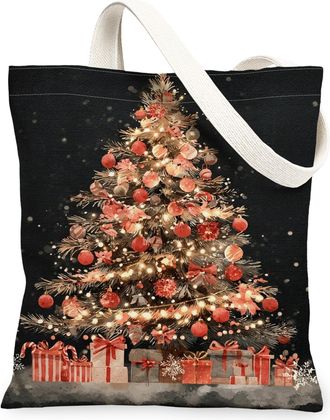 Generic Christmas Canvas Tote Bags, Festive Holiday Tree Design Reusable Shopping Bags, Elegant Seasonal Lightweight Washable Shoulder Strap Canvas for Gifts 