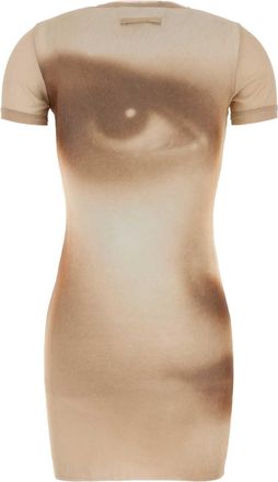 Jean Paul Gaultier Womens Mesh Short Dress Printed Face Beige Abiti