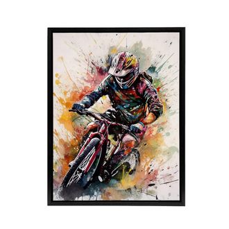 Artery8 Mountain Biker Action Shot Paint Splatter Framed Canvas Wall Art Print | Size: W24 x H32