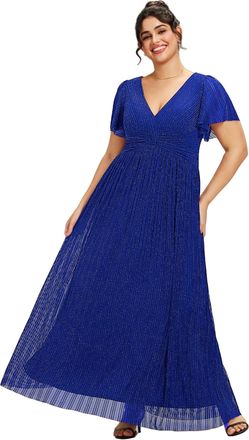 Ever-pretty Womens V Neck Short Sleeve Elegant Floor Length A Line Long Tulle Evening Dresses Sapphire Blue 24UK