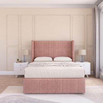 Sloomy Melbourne Upholstered Wingback Bed Set With No Drawers & 54 Floor standing Headboard -Plush Velvet in Pink | Size: Double