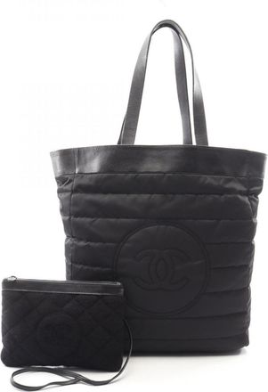 Chanel Black Nylon Leather Pile Fabric Handbag Pouch Tote Bag (Pre-Owned)