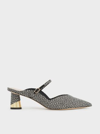 Charles & Keith Cammie Metallic Sculptural Heel Tweed Mules