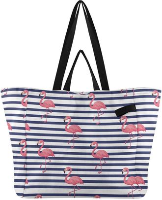 Generic Flamingo Blue Stripe pattern Reusable Canvas Tote Bag, Heavy Duty Grocery Shopping Bag with Double Handles Large Capacity Hard Bottom Work Groceries T