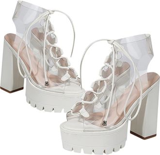 Yardwe Transparent Chunky Heel Toes Sandals for Women White Candy Color PVC Fish Mouth Lace-up Boots High Thick Heel Summer Shoes Stylish and Comfortable