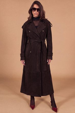 D'Arienzo Cappotto in pelle camoscio testa di moro con cintura DArienzo, Seleziona Taglia Unica, Colore Testa di moro