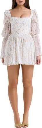 House of CB Sancia Floral Print Corset Long Sleeve Minidress in White/Pink Floral Print at Nordstrom, Size X-Small A
