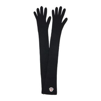 Moncler Gloves, female, Black, Size: ONE SIZE Logo Patch Virgin Wool Long Gloves