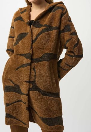 Joseph Ribkoff Feather Yarn Animal Jacquard Hooded Coat In Black/brown