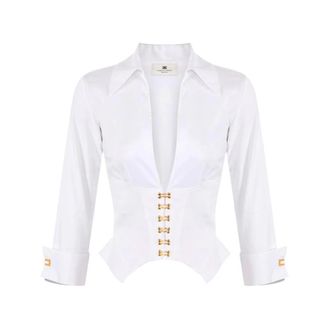 Elisabetta Franchi Blouses, female, White, Size: L Stretch Cotton Shirt with Jewel Claps