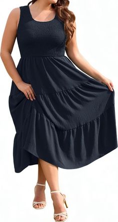 Heekpek Plus Size Summer Dresses for Women Sleeveless Vest Dresses Midi Elegant U Neck Ruched Front Beach Dress Flowy Summer Dress with Pockets, Navy Blue, XX