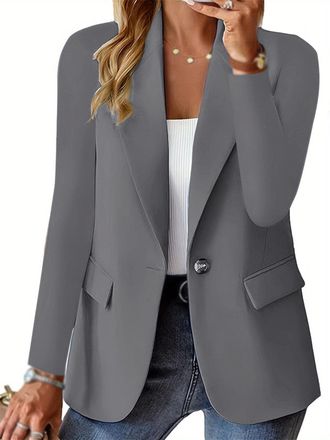 Generic Womens One Button Solid Color Slim Fit Suit Jacket, Open Front Long Sleeve Work Office Suit Jackets with Pockets (Dark Grey,XXL)