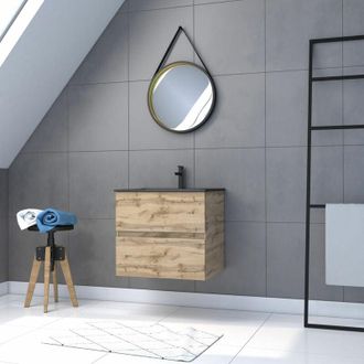 Aurlane Aurlane - Mueble De Ba&ntilde;o Suspendido 60cm - Puertas Acabado Roble - Lavabo Negro + Espejo Barbero