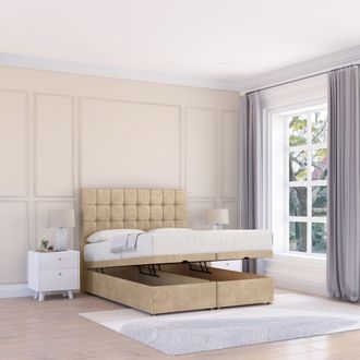 Sloomy Alabama Coniston Fabric Ottoman Bed End Opening With Sprung Memory Mattress & 26 Inch strut Headboard in Cream | Size: Small Double