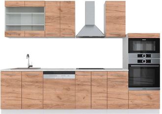 Vicco Cucina componibile Fame-Line, Quercia dorata/bianco, 300 cm con armadio alto, pl Marmo