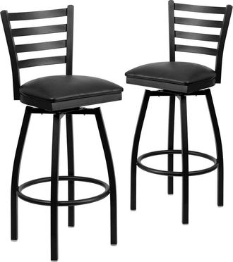 Flash Furniture 2 Pk. HERCULES Series Black Ladder Back Swivel Metal Barstool - Black Vinyl Seat