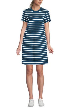 Lands End Cotton Jersey Crew Neck T Shirt Dress in Baltic Teal Spaced Stripe at Nordstrom, Size X-Large