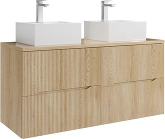 Vente-Unique Mueble de ba&ntilde;o suspendido estriado con lavabo sobre encimera cuadrado y grifo - Natural claro - 120 cm - ORISO