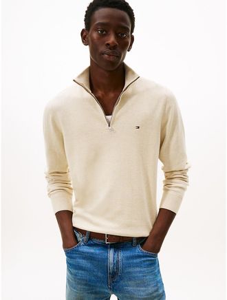 Tommy Hilfiger Mens Classic Quarter-Zip Sweater - Beige - L