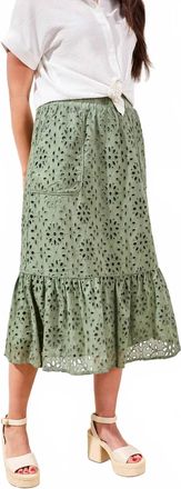 Tribal Floral Embroidered Tiered Boho Maxi Skirt In Moss