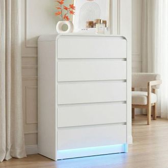 OEM Comoda De Habitaci&oacute;n, 5 Cajones, Led Integrado, Mueble De Almacenamiento Moderno Blanco, Dise&ntilde;o Sin Tirador