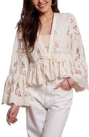 Saachi Embroidered Eyelet Tie Front Ruffle Top in Ivory at Nordstrom Rack