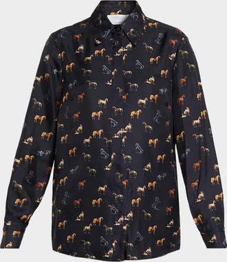 Gabriela Hearst Cruz Horse-Print Silk Button-Down Shirt
