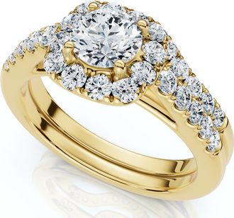 Pompeii3 1 1/10Ct Cushion Halo Diamond Engagement Ring & Matching Band Gold/Pt Lab Grown